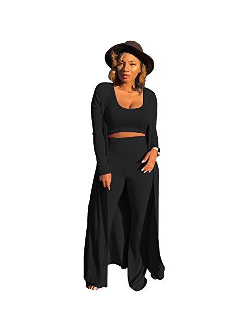 Women Sexy 3 Piece Outfits - Crop Top Long Kimono Cardigan Cover up and Bodycon knitted lounge set S XXL