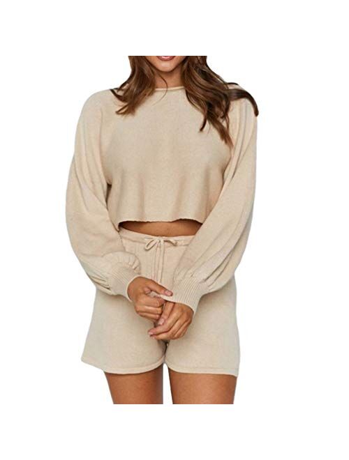 Women's 2 Piece Casual Lounge Outfit Set Long Sleeve Solid Sweater Knitted Pullover Tops with Short Sweatsuit