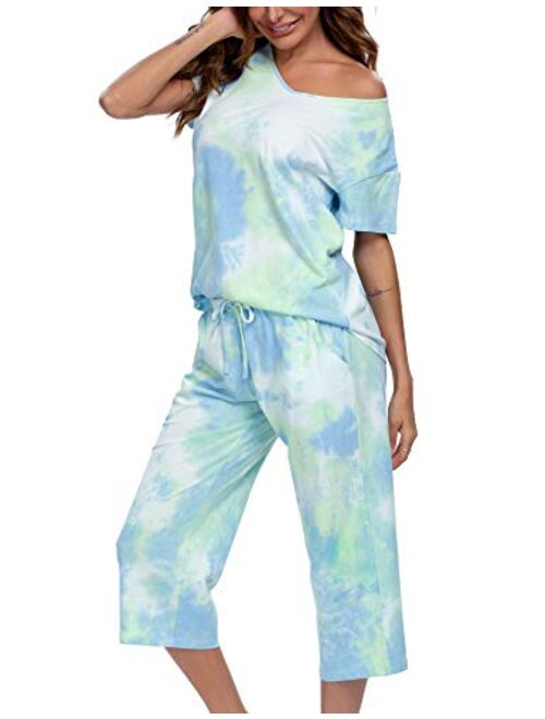 ENJOYNIGHT Women's Tie Dye Printed ounge Pajama Sets Sleepwear Top with Capri Pants