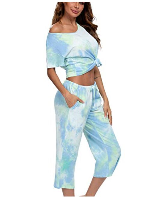 ENJOYNIGHT Women's Tie Dye Printed ounge Pajama Sets Sleepwear Top with Capri Pants