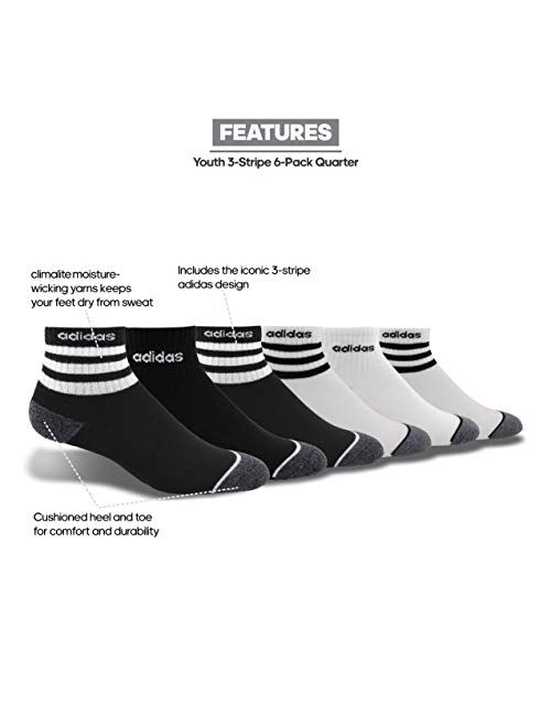 adidas Youth Kids-Boy's/Girl's 3-Stripes Quarter Socks (6-Pair)