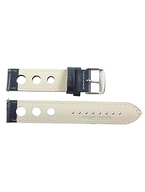 22mm Rally 3-Hole Smooth Navy Blue/White Leather Interchangeable Replacement Watch Band Strap