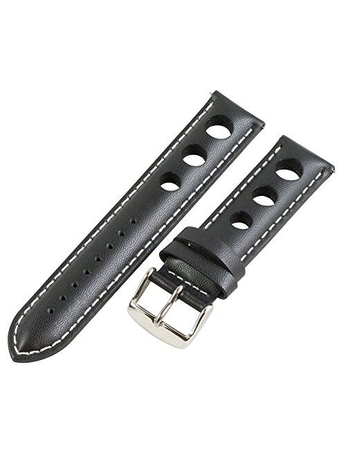 22mm Rally 3-Hole Smooth Black/White Leather Interchangeable Replacement Watch Band Strap