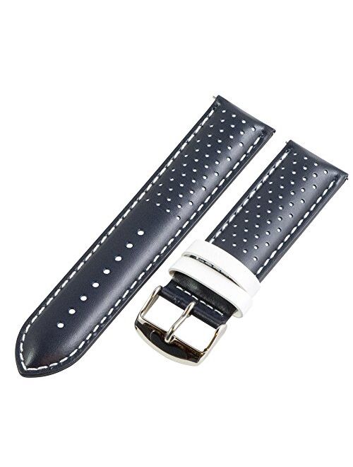 18mm Rally Perforated Smooth Navy Blue/White Leather Interchangeable Watch Band Strap