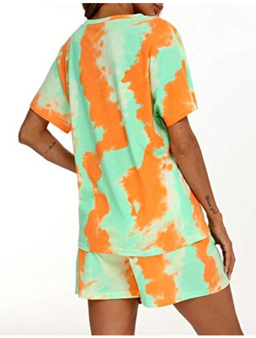 ENJOYNIGHT Women's Tie Dye Printed Pajama Sets Sleepwear Top with Shorts Lounge Sets with Pocket