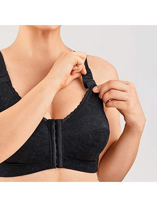 LAUDINE Women's Full Coverage Front Closure Wire Free Back Support Posture Bra
