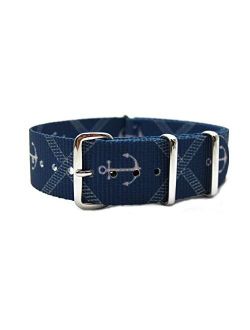 HNS 22mm Double Graphic Printed Anchors Blue Bg Nylon Watch Strap with Polished SS Buckle NT122