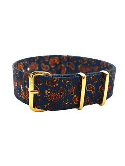 HNS 20mm Vintage Navy Paisley Pattern Ballistic Nylon Watch Strap Gold Polished Buckle NT176