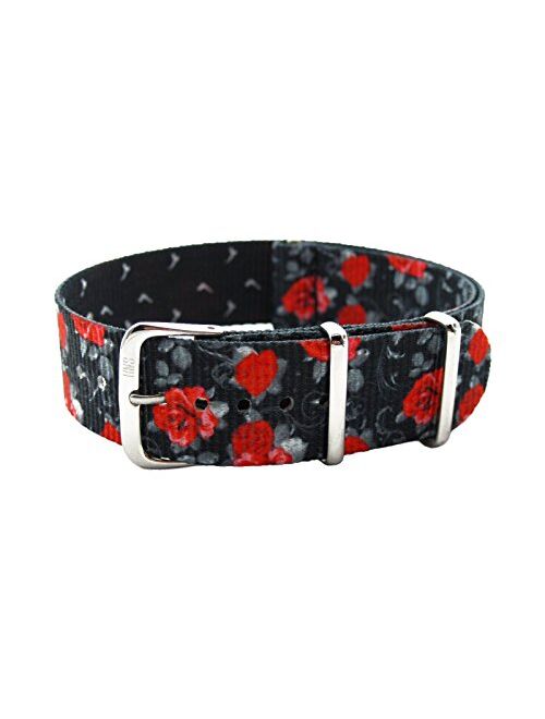HNS 20mm Double Graphic Printed Rose Gun Pattern Nylon Watch Strap Polished SS Buckle NT057