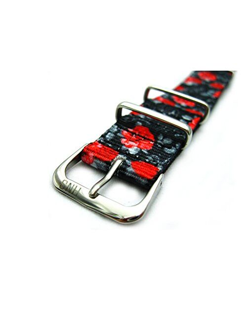HNS 20mm Double Graphic Printed Rose Gun Pattern Nylon Watch Strap Polished SS Buckle NT057