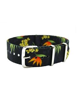HNS 18mm Double Graphic Printed Flowers Black BG Ballistic Nylon Watch Strap Polished Buckle NT186