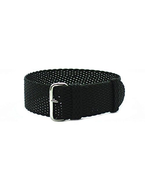 HNS 20mm Black Perlon Braided Woven Watch Strap with Silver Buckle