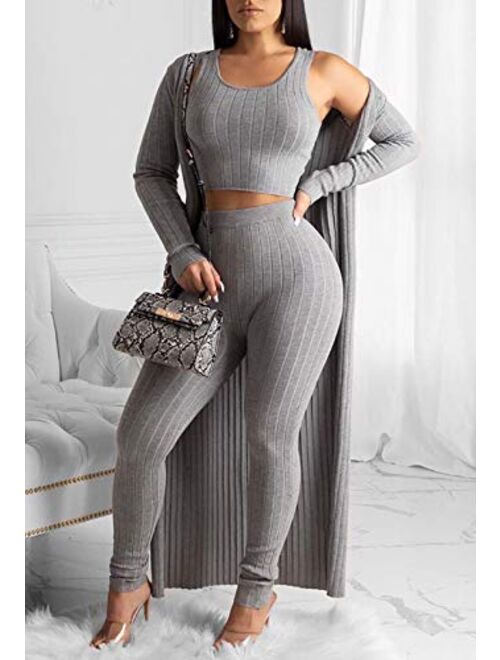 Linsery Women Ribbed Sexy 3 Piece Outfits Crop Tank Top High Waist Bodycon knitted lounge set