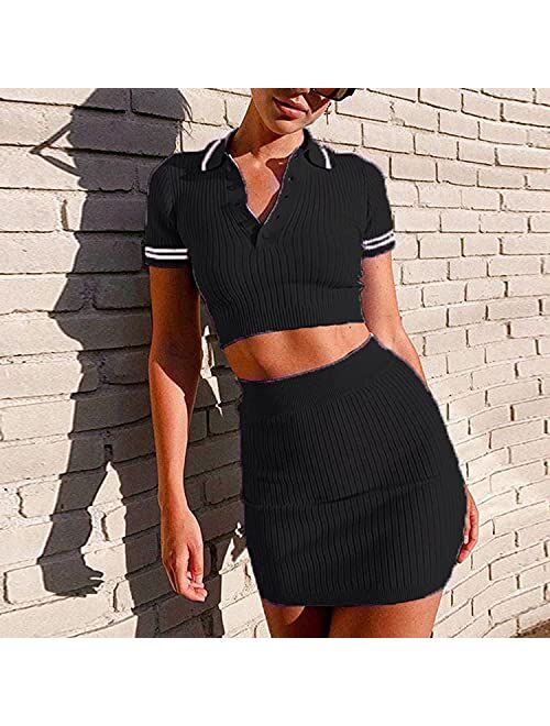 Women Knit 2 Piece Outfits Ribbed Short Sleeve Crop Top Workout Mini Skirt Bodycon Shorts knitted lounge set