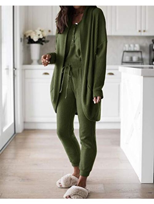 Women 3 Piece Lounge Sets Waffle Henley Tank Top Pajama Pants Joggers Cardigans Outfits knitted lounge set