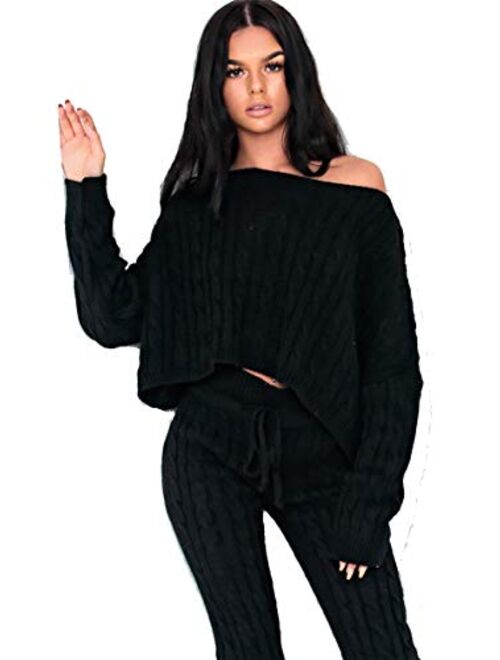 Women Off Shoulder Tracksuit And Oversized Sweatsuit knitted lounge set