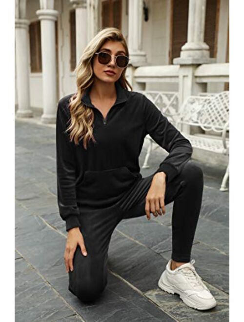 Irevial Women's Zip Up V Neck Crushed Velour Sweatsuits Casual Tracksuit knitted lounge set