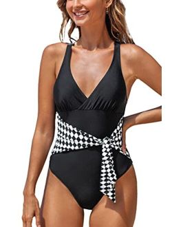 Women's One Piece Swimsuit Black Argyle Belted Crisscross Back Bathing Suit