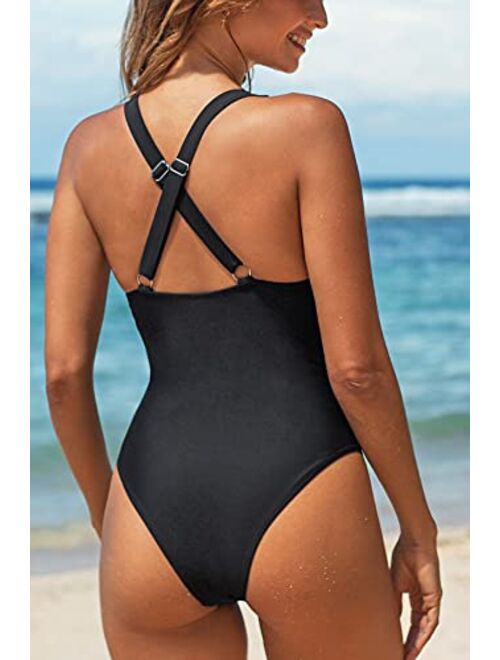 CUPSHE Women's One Piece Swimsuit Black Argyle Belted Crisscross Back Bathing Suit