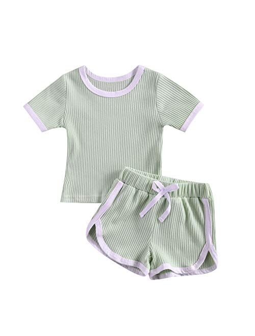 2PCS Baby Boys Girls Ribbed Outfits Stripe Casual T-Shirt Top + Pant Toddler Unisex Cotton knitted lounge Clothes Set