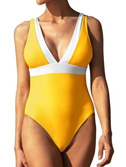 Women's One Piece Swimsuit Monokini Color Block V Neck Low Back Bathing Suit