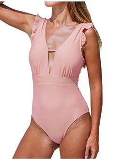 Women's V Neck Pink Ruffles One Piece Swimsuit