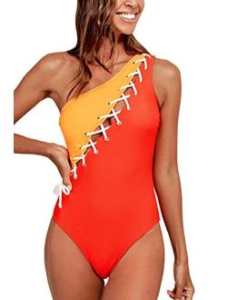 Women's Colorblock One Shoulder Lace Up One Piece Swimsuit