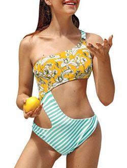 Women's One Piece Swimsuit Floral Print One Shoulder Cutout Bathing Suit