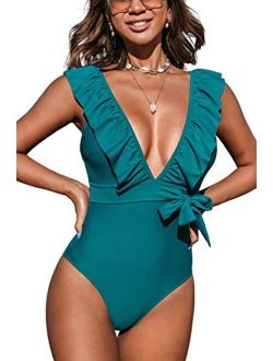 Women's Teal Plunging Ruffled Tie at The Waist One Piece Swimsuit