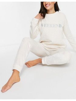 Women'secret cable knit sweatshirt and sweatpants weekend motif lounge set in white