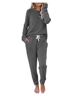 Fessceruna Womens Pajama Sets Long Sleeve Round Neck Top and Pants knitted lounge set