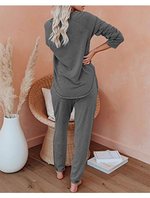 Fessceruna Womens Pajama Sets Long Sleeve Round Neck Top and Pants knitted lounge set