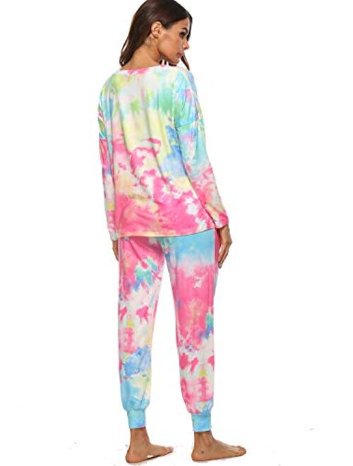 Womens Tie Dye Printed Loose Long Sleeve Tops lounge Pajamas Set