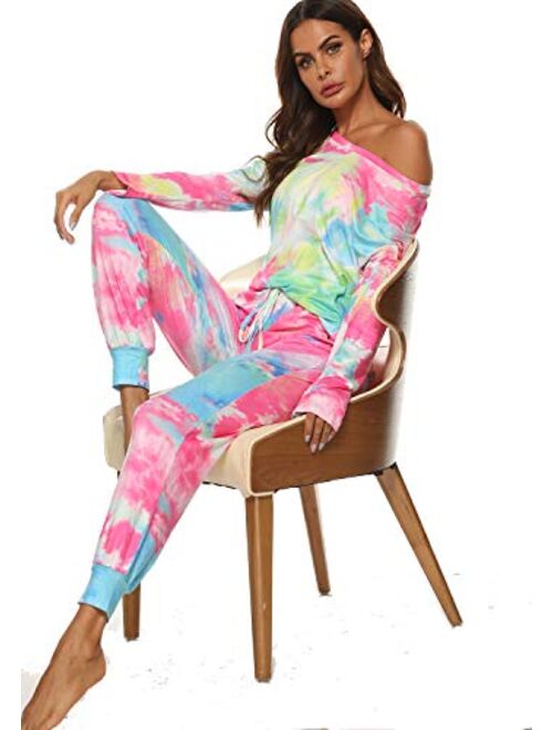 Womens Tie Dye Printed Loose Long Sleeve Tops lounge Pajamas Set