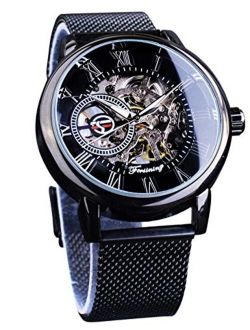 Forsining Minimalist Retro Design Staempunk Mechanical Skeleton Wrist Watch Transparent Business Mesh Band Watch