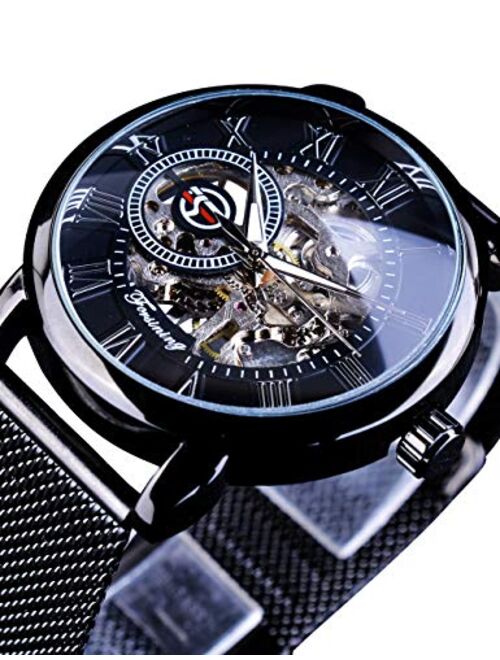 Forsining Minimalist Retro Design Staempunk Mechanical Skeleton Wrist Watch Transparent Business Mesh Band Watch