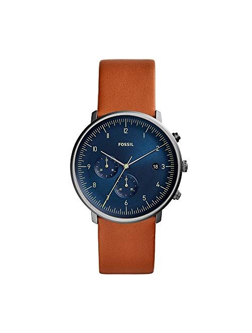 Fossil Chase Time Chronograph 3 Hand Mens Luggage Leather Watch with Blue Face