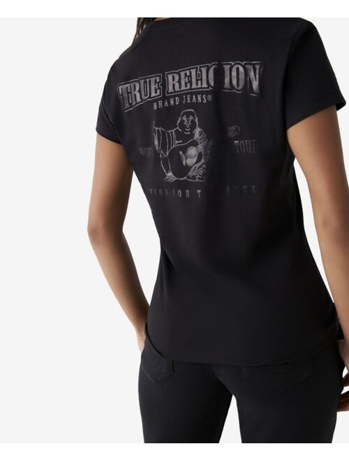 True Religion Women's Foil Buddha Short Sleeve V-Neck Tee
