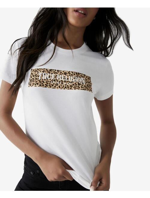True Religion Women's Leopard Block Logo Short Sleeve Crewneck Tee