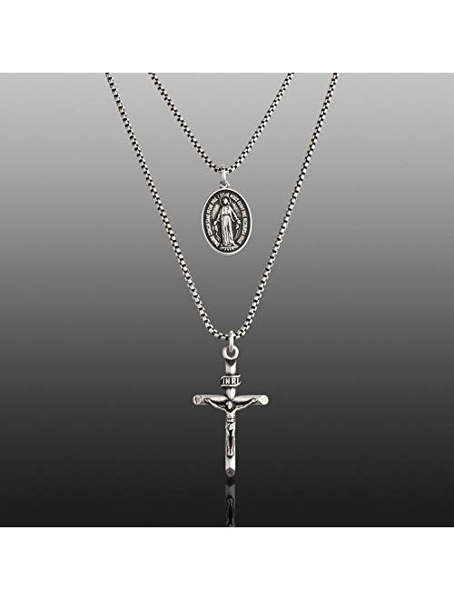 Steve Madden 28" Oxidized Stainless Steel Box Chain Cross and Marie Concue Sans Peche Oval Medallion Duo Pendant Necklace For Men