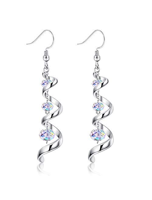 Sllaiss 925 Sterling Silver Dangle Earrings Swarovski Crystal 18K White Gold Drop Earrings for Women Spiral Ribbon Tassel Earrings for Anniversary Birthday