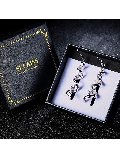 Sllaiss 925 Sterling Silver Dangle Earrings Swarovski Crystal 18K White Gold Drop Earrings for Women Spiral Ribbon Tassel Earrings for Anniversary Birthday