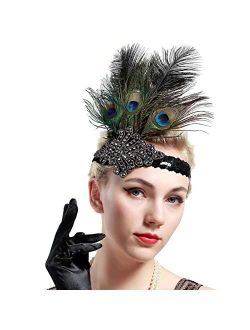 BABEYOND 1920s Flapper Peacock Feather Headband 20s Sequined Showgirl Headpiece (Style-4)