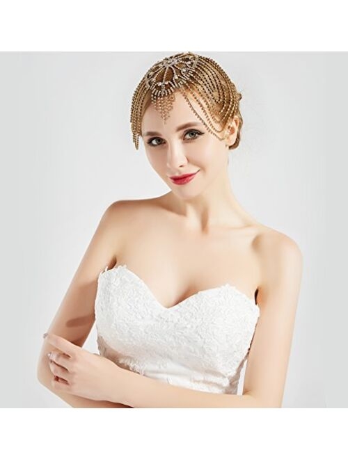 BABEYOND Vintage Bridal Headpiece Roaring 20s Crystal Rhinestone Flapper Cap Headpiece for Wedding (Silver)