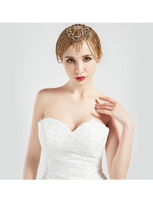 BABEYOND Vintage Bridal Headpiece Roaring 20s Crystal Rhinestone Flapper Cap Headpiece for Wedding (Silver)