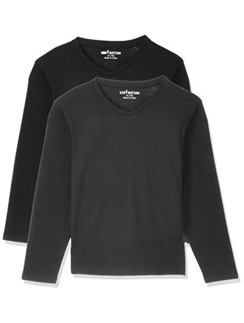 Kid Nation Kids Unisex 2 Packs Soft Cotton Tagless Long Sleeve V Neck T Shirts for Boys and Girls 4-12 Years