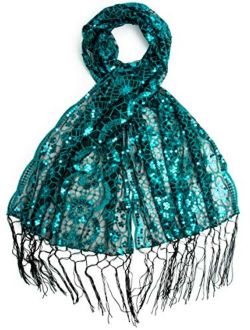 Bohomonde, Vera, Vintage Inspired Sequin Shawl, Evening Wrap, Embroidered Sequin Fringe Shawl or Scarf