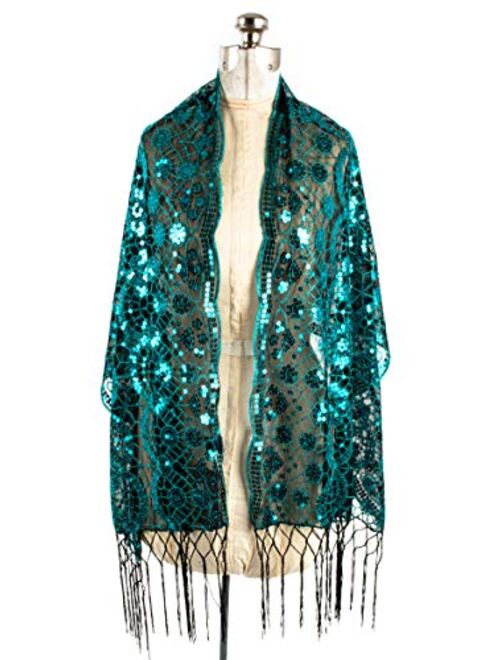 Bohomonde, Vera, Vintage Inspired Sequin Shawl, Evening Wrap, Embroidered Sequin Fringe Shawl or Scarf