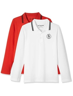 Kids Unisex 2 Packs Long Sleeve Pique Polo Shirts for Boys and Girls 4-12 Years