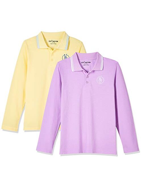 Kid Nation Kids Unisex 2 Packs Long Sleeve Pique Polo Shirts for Boys and Girls 4-12 Years